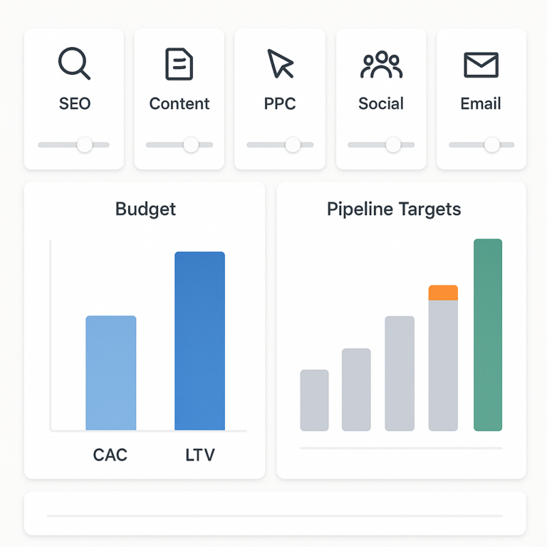 Conceptual marketing dashboard showing channel choices, acquisition cost, lifetime value and pipeline targets.