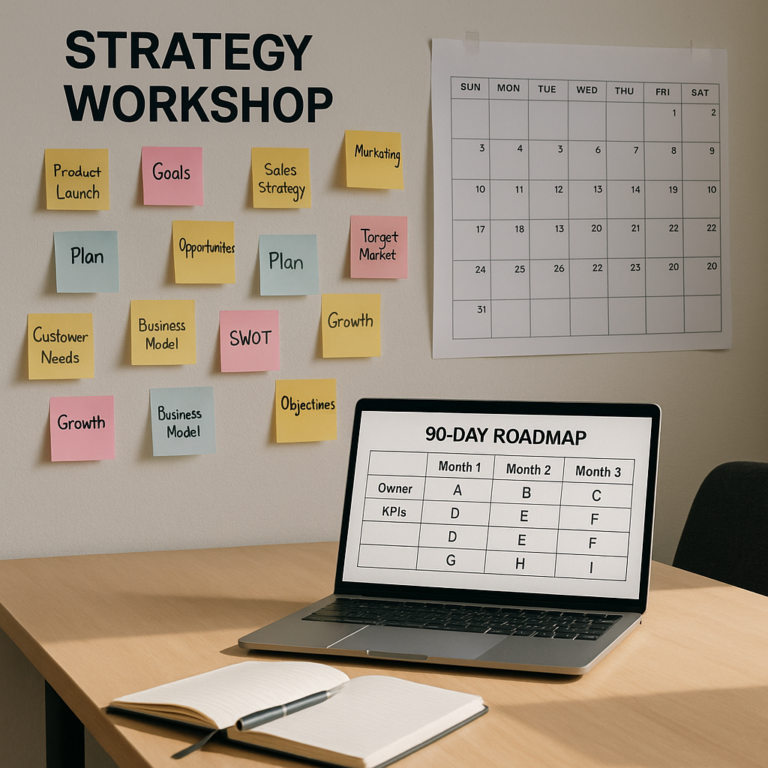Strategy workshop with planning notes, a calendar and a laptop showing an illustrative 90-day roadmap.